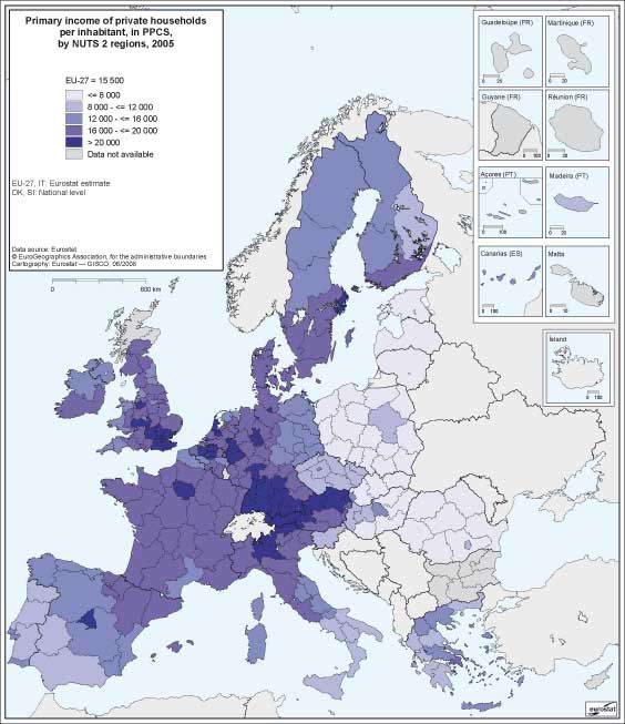 Primary income of private households per inhabitant, in PPCS, by NUTS 2 regions